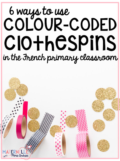 Do you love washi tape as much as I do?? Use it to easily colour code student clothespins!! There are TONS of ways to use colour-coded clothespins in the French primary classroom - this blog post talks about 6 of them