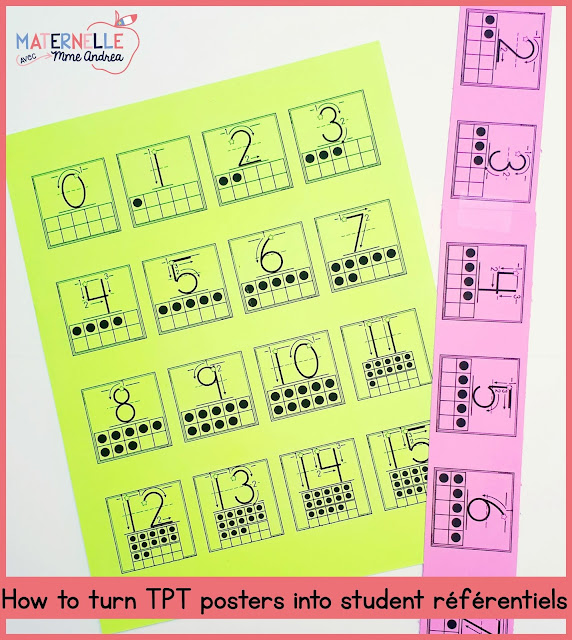 Everyone knows that teachers have to spend money out of their own pockets in order to stock their classrooms. If you've every purchased digital posters (alphabet, numbers, colours, etc.), check out this blog post for a simple tutorial on how you can reuse them for student référentiels, too!