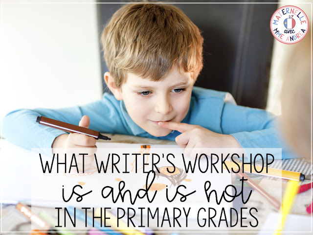 This is a title graphic of a young boy drawing and writing with the text, "What Writer's Workshop Is and Is Not in the Primary Grades" on it.