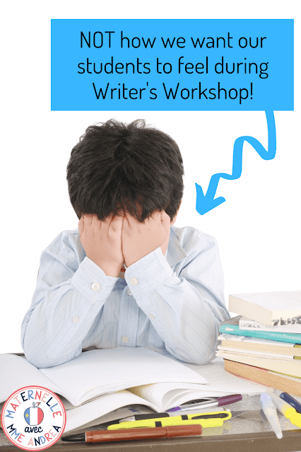 This is a photograph of a young child showing frustration with hands over the face and the text, "NOT how we want our students to feel during Writer's Workshop" on it.