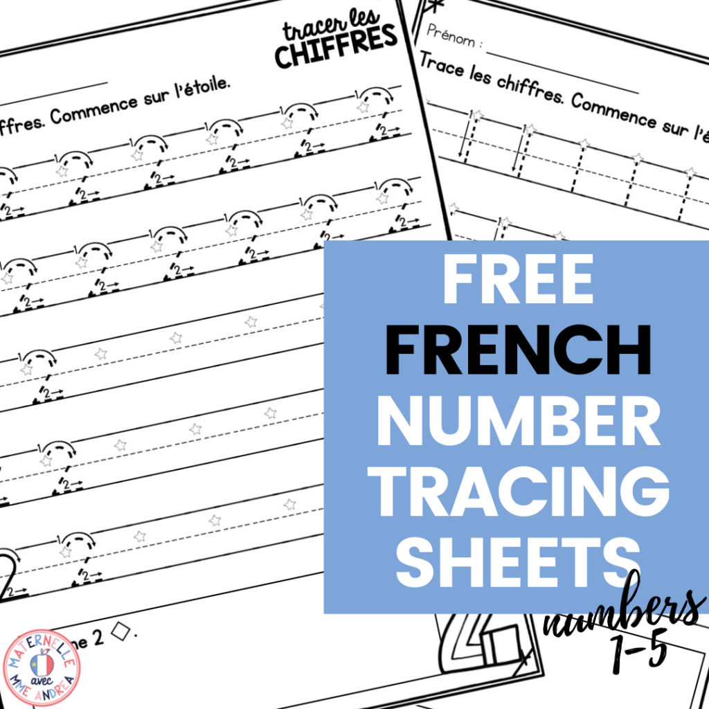 FREE French number tracing sheets for numbers 1-5. Your French primary students will get simple, effective practice as they use these sheets to trace numbers 1-5 and learn to write them on their own!